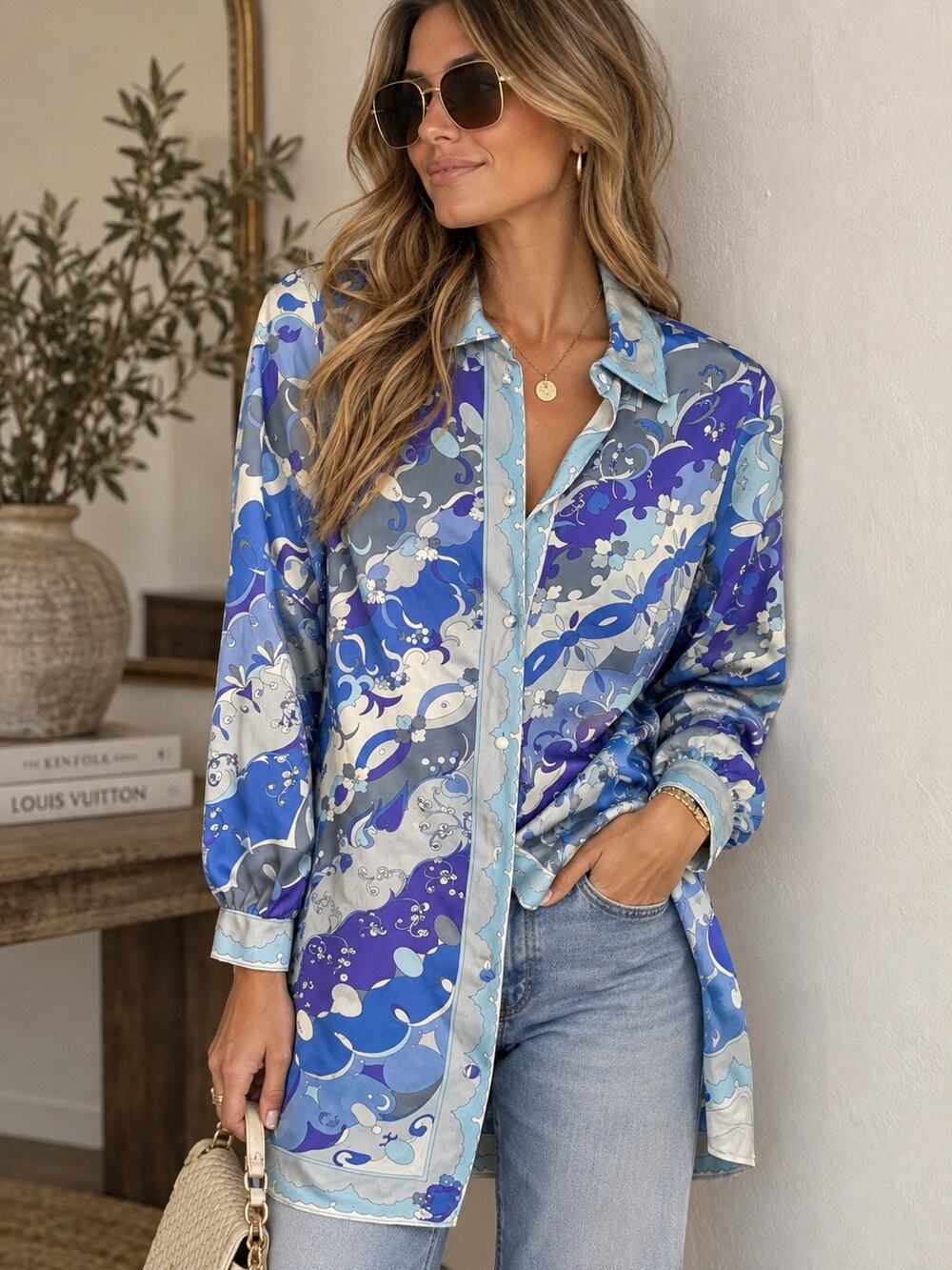 Vintage Emilio Pucci Striped Floral Long Sleeve Button-Up Mini Shirt Tunic Blue